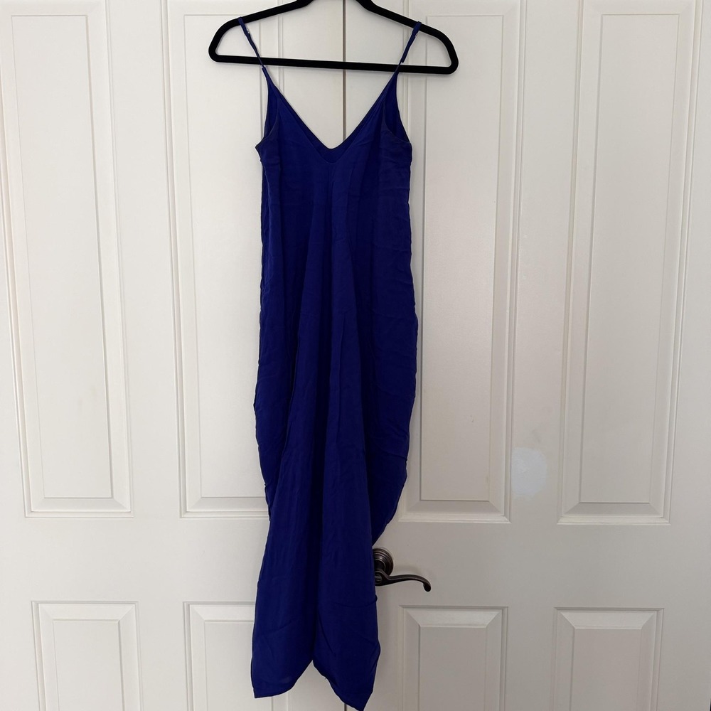 May&Maya Dress Womens Medium Blue Swing Maxi V Neck Spaghetti Strap Pockets